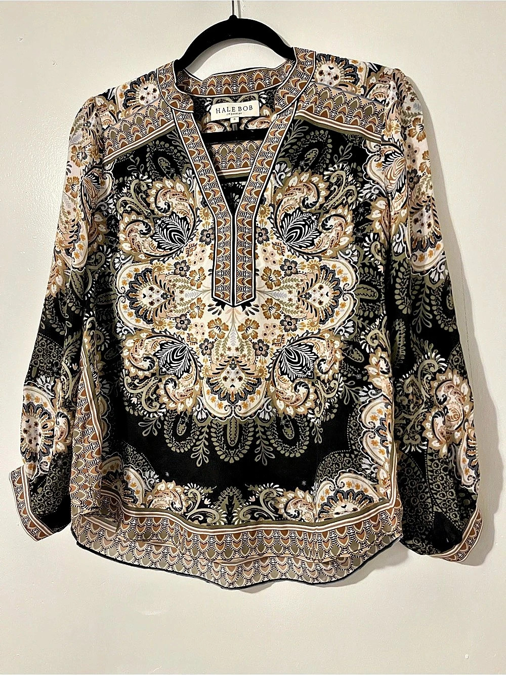 Hale Bob Paisley V-Neck SILK Blouse in Black Size Small Like New - Picture 2 of 7
